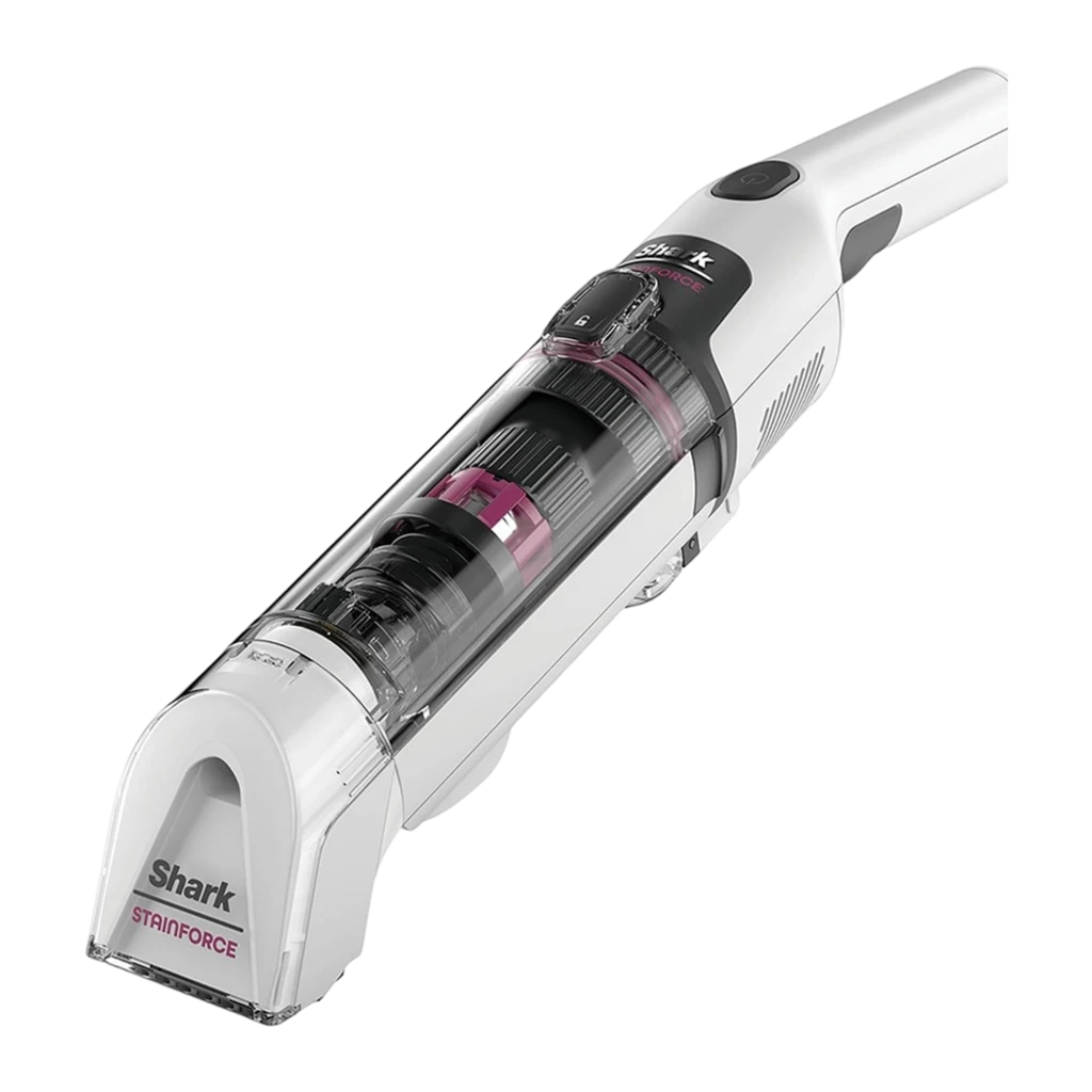 Shark StainForce HX100EU 100W Branco, vista conjunto: aspirador, base de carregamento, acessórios e spray limpador - Item1