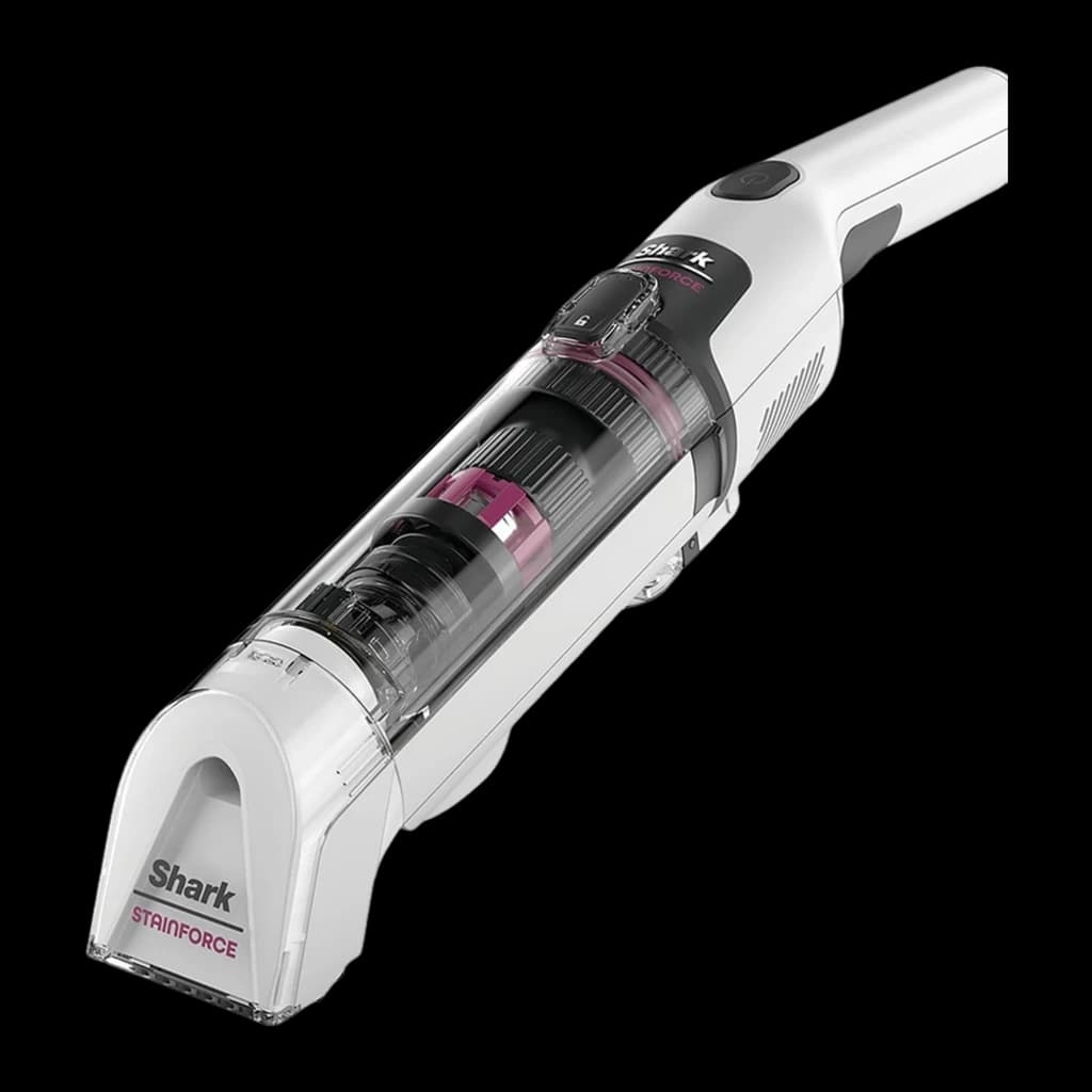 Shark HX100EU StainForce blanco, vista diagonal completa: aspirador de mano con depósito transparente y cepillo rosa