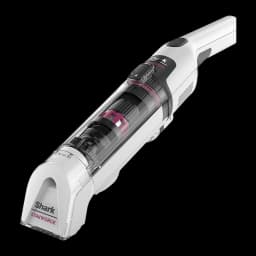 Shark HX100EU StainForce blanco, vista diagonal completa: aspirador de mano con depósito transparente y cepillo rosa
