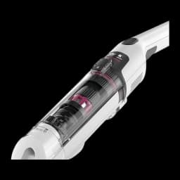 Shark HX100EU StainForce blanco, primer plano diagonal: depósito transparente con rodillo rosa y boquilla inferior