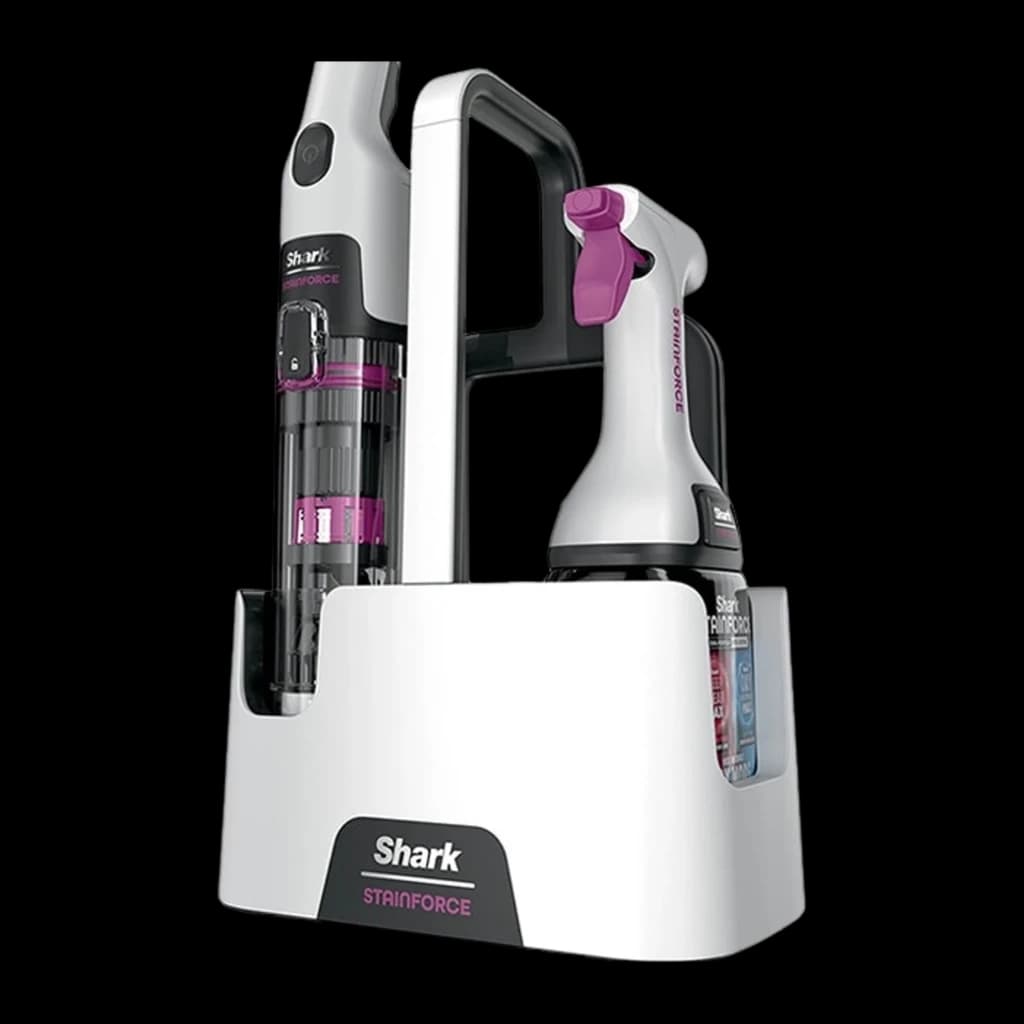 Shark HX100EU StainForce blanco, vista frontal: kit completo en base con aspirador y botella spray rosa