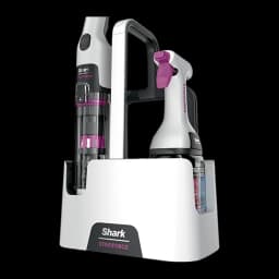 Shark HX100EU StainForce blanco, vista frontal: kit completo en base con aspirador y botella spray rosa