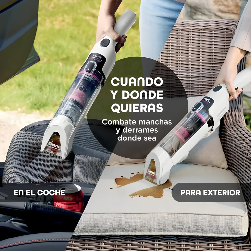 Shark StainForce HX100EU 100W Branco, vista conjunto: aspirador, base de carregamento, acessórios e spray limpador - Item7