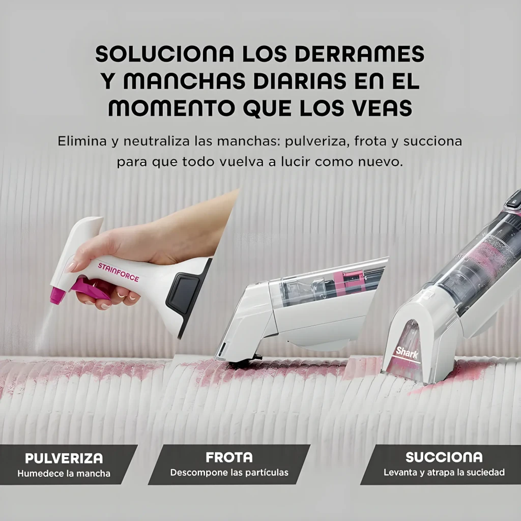 Shark StainForce HX100EU 100W Branco, vista conjunto: aspirador, base de carregamento, acessórios e spray limpador - Item4