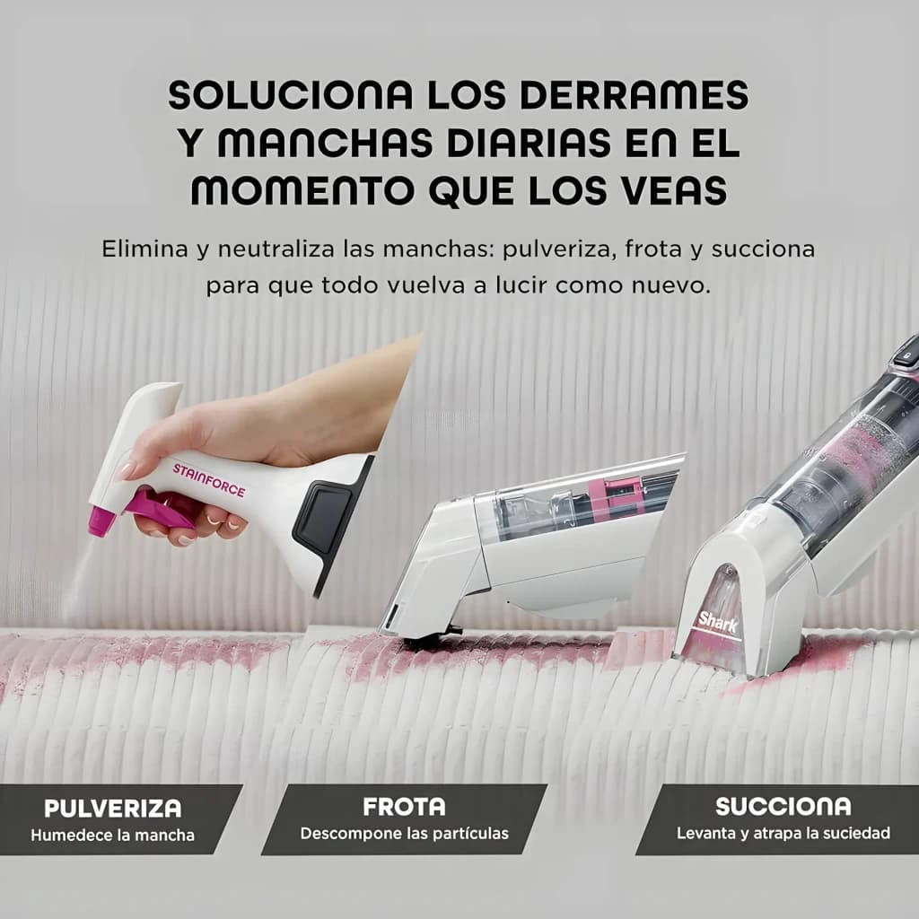 Shark StainForce HX100EU 100W Blanco, infografía: 3 pasos pulveriza frota y succiona manchas en tapizado