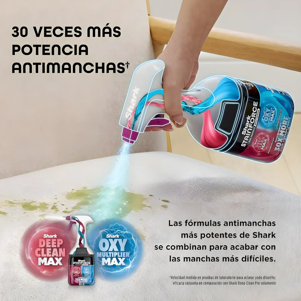 Shark StainForce HX100EU 100W Branco, vista conjunto: aspirador, base de carregamento, acessórios e spray limpador - Item6