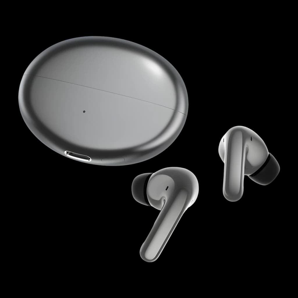 Honor Choice Earbuds S8 Gris, vista general: estuche oval cerrado y dos auriculares in-ear con puntas de silicona negras