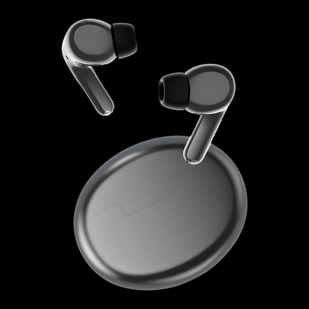 Honor Choice Earbuds S8 Gris, vista flotante: dos auriculares extraídos sobre estuche ovalado gris metálico, fondo negro