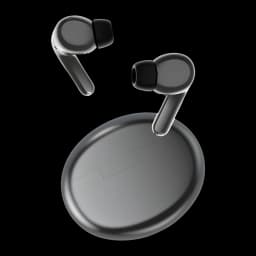 Honor Choice Earbuds S8 Gris, vista flotante: dos auriculares extraídos sobre estuche ovalado gris metálico, fondo negro