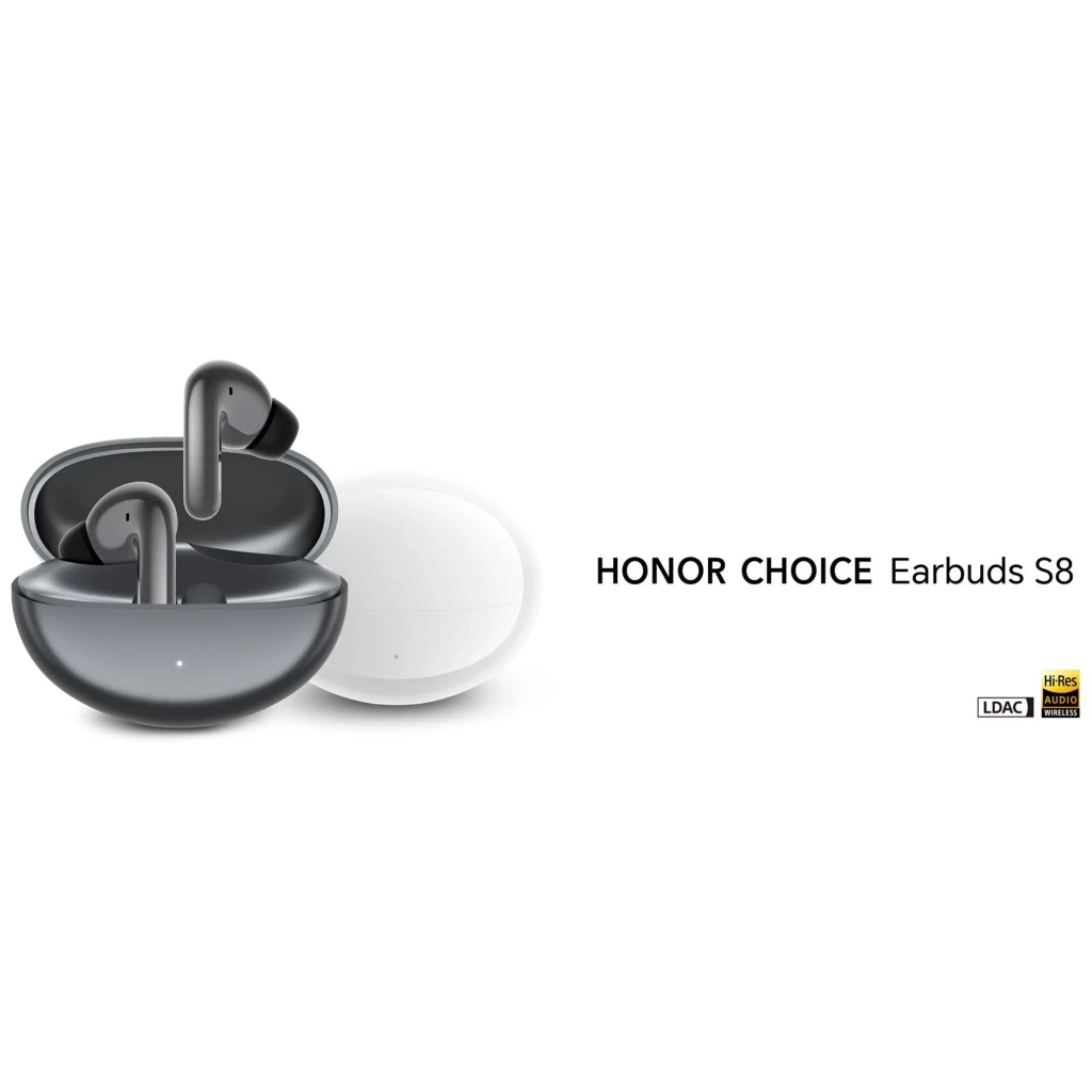 Honor Choice Earbuds S8 gris, vue frontale supérieure: écouteurs dans l'étui ouvert, finition bicolore gris foncé - Ítem5
