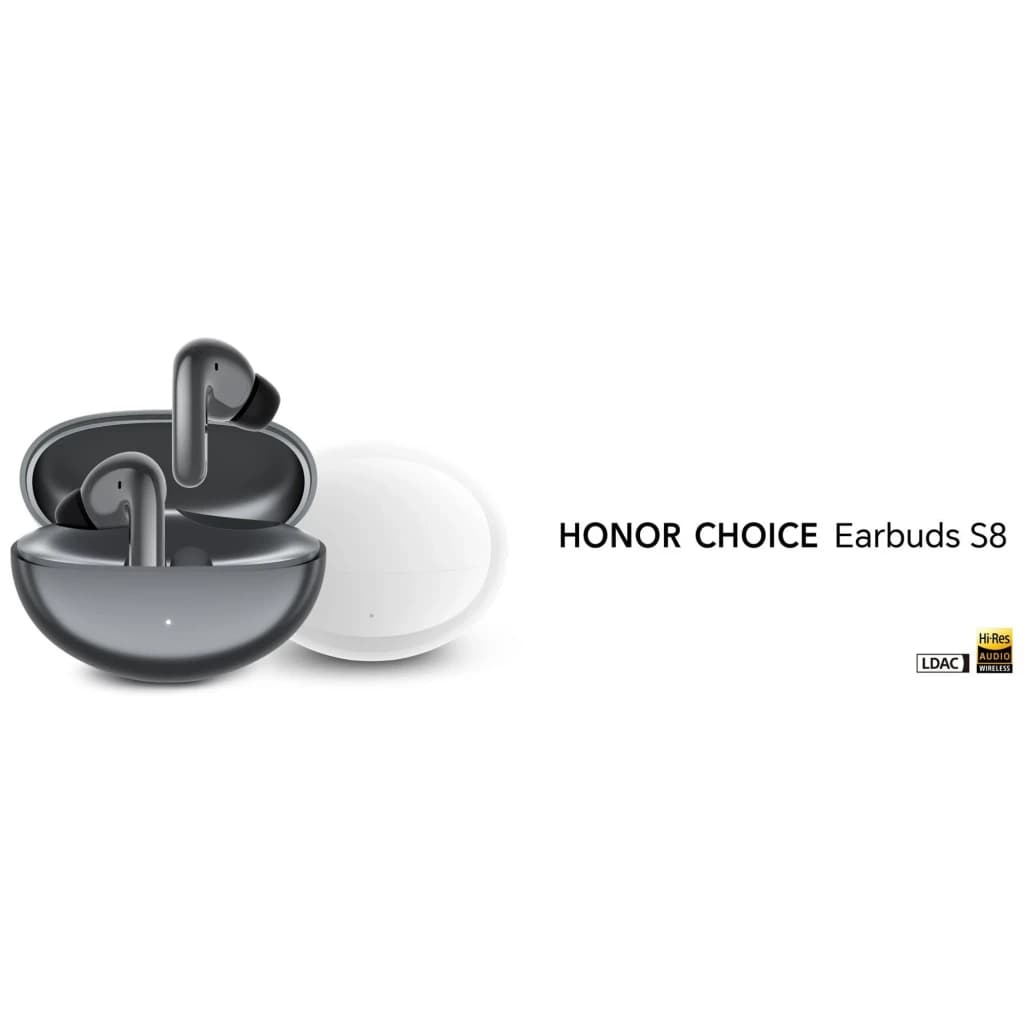 Honor Choice Earbuds S8 Gris, comparativa de colores: estuche gris abierto con auriculares y estuche blanco cerrado