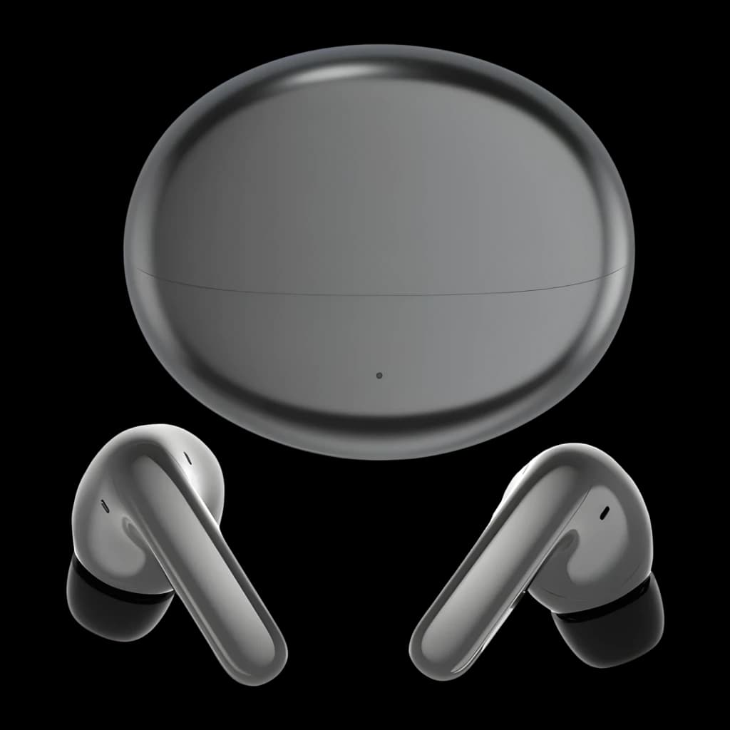 Honor Choice Earbuds S8 gris, vista conjunto: estuche oval cerrado y dos auriculares in-ear sobre fondo negro