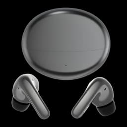 Honor Choice Earbuds S8 gris, vista conjunto: estuche oval cerrado y dos auriculares in-ear sobre fondo negro