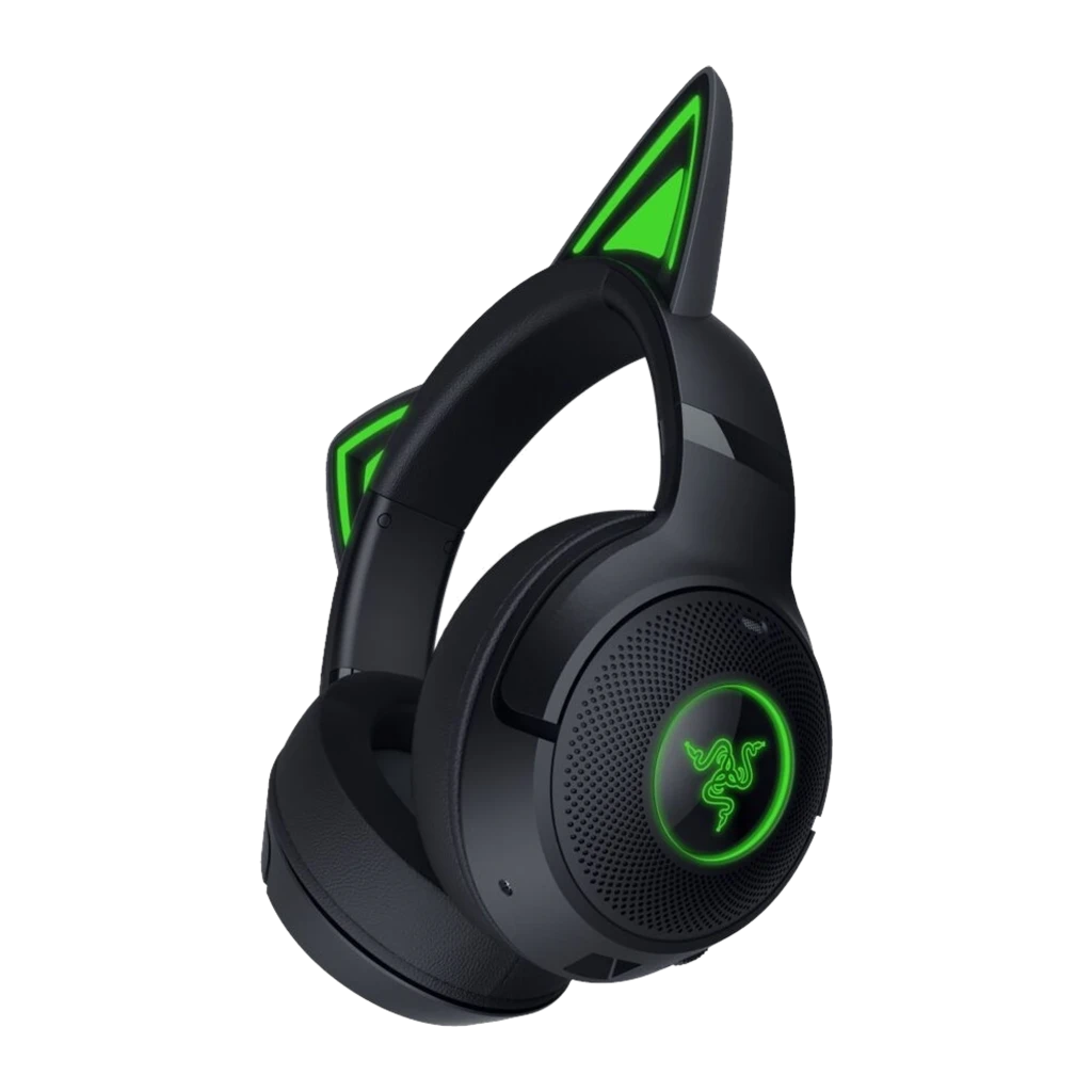 Razer Kraken Kitty V2 BT negro, vista frontal: orejas de gato con RGB verde, logo iluminado en auricular derecho - Ítem1