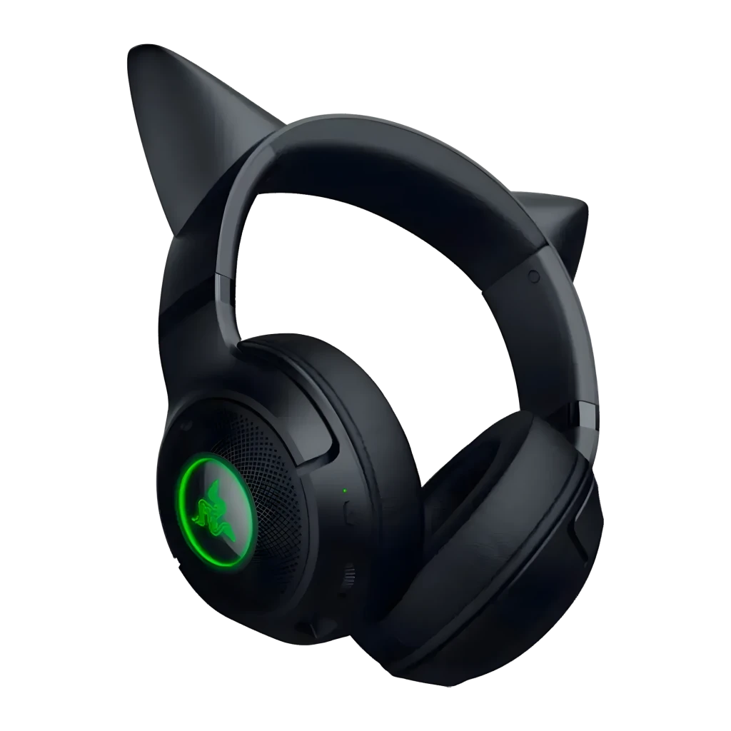 Razer Kraken Kitty V2 BT negro, vista frontal: orejas de gato con RGB verde, logo iluminado en auricular derecho - Ítem3
