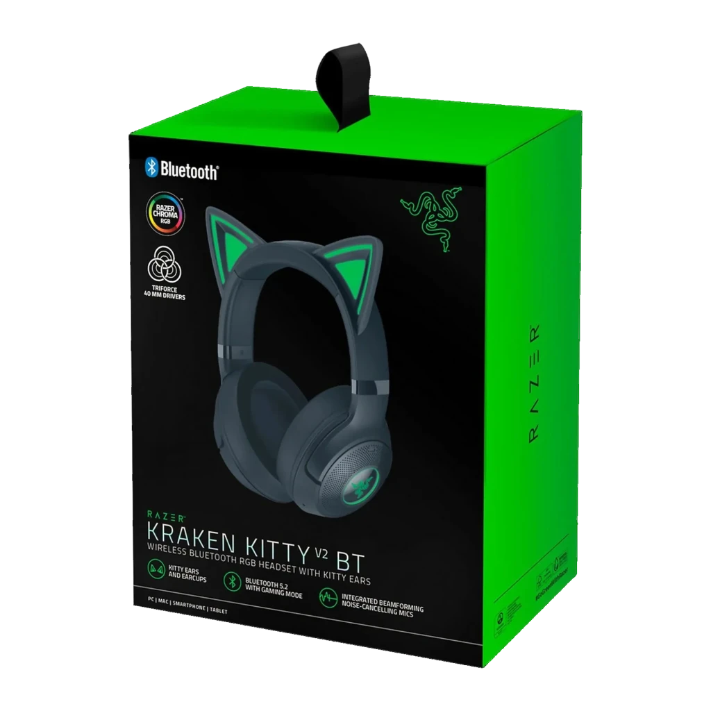 Razer Kraken Kitty V2 BT negro, vista frontal: orejas de gato con RGB verde, logo iluminado en auricular derecho - Ítem5