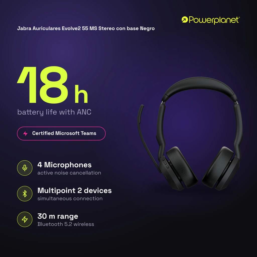 Jabra Evolve2 55 MS Stereo negro con base, kit: auriculares montados en estación de carga - Ítem7