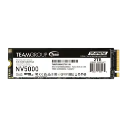 Team Group NV5000 2TB preto, vista frontal: etiqueta com logo, modelo NV5000, 2TB e conector M.2 dourado