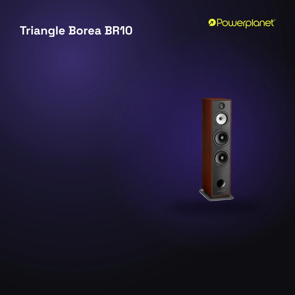 Triangle Borea BR10 madera cerezo, vista frontal en ángulo: tweeter, midrange y dos woofers en baffle gris - Ítem6