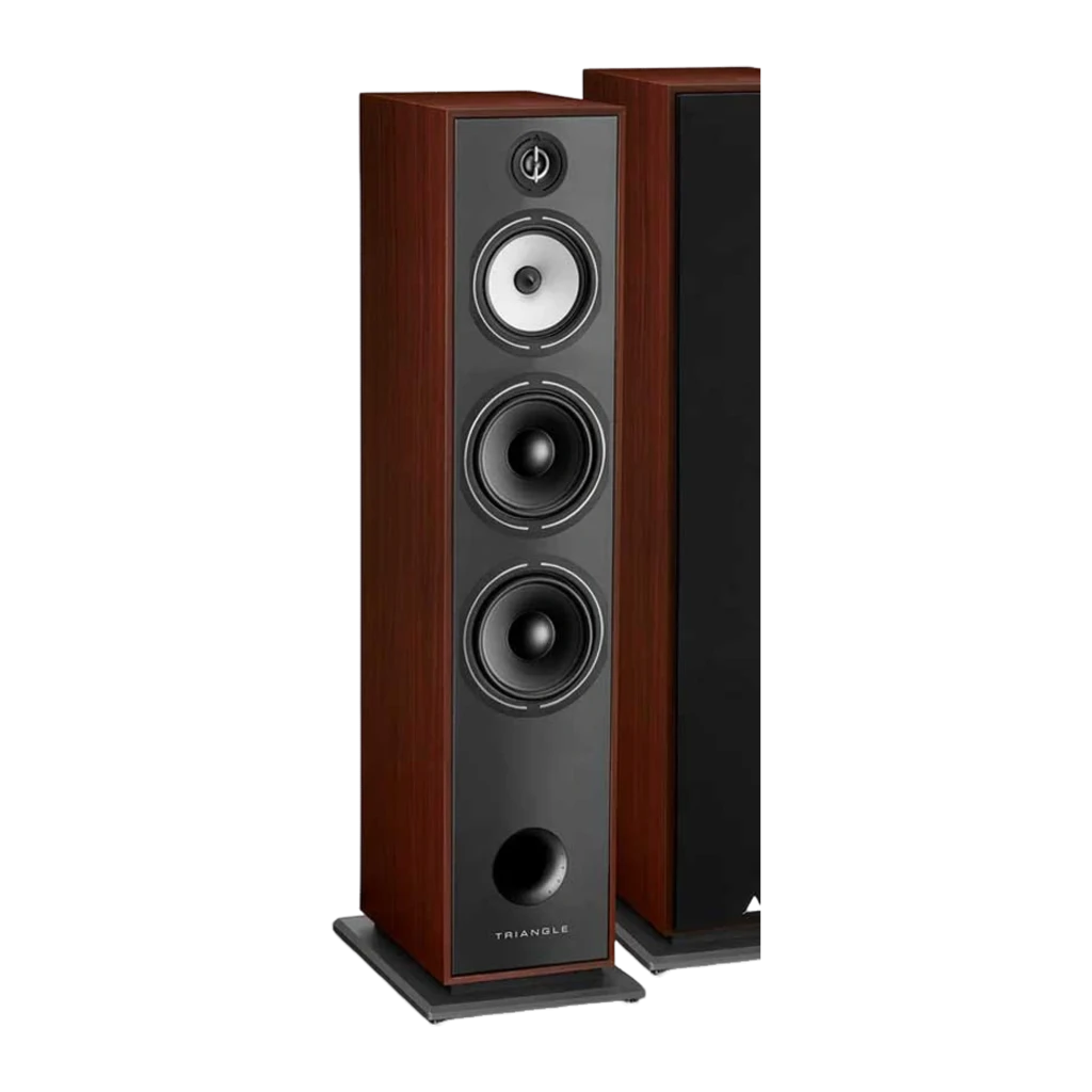 Triangle Borea BR10 madera cerezo, vista frontal en ángulo: tweeter, midrange y dos woofers en baffle gris - Ítem1