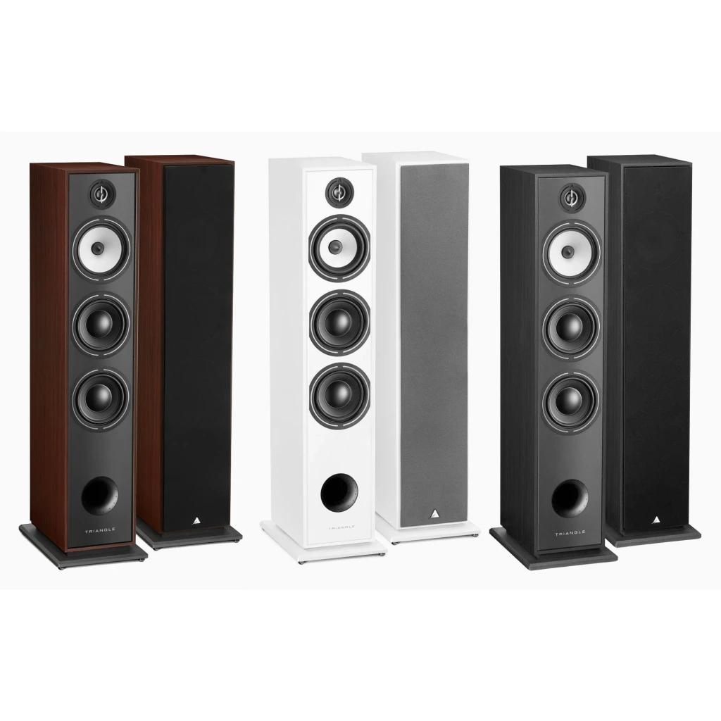 Triangle Borea BR10 madera cerezo, vista frontal en ángulo: tweeter, midrange y dos woofers en baffle gris - Ítem2