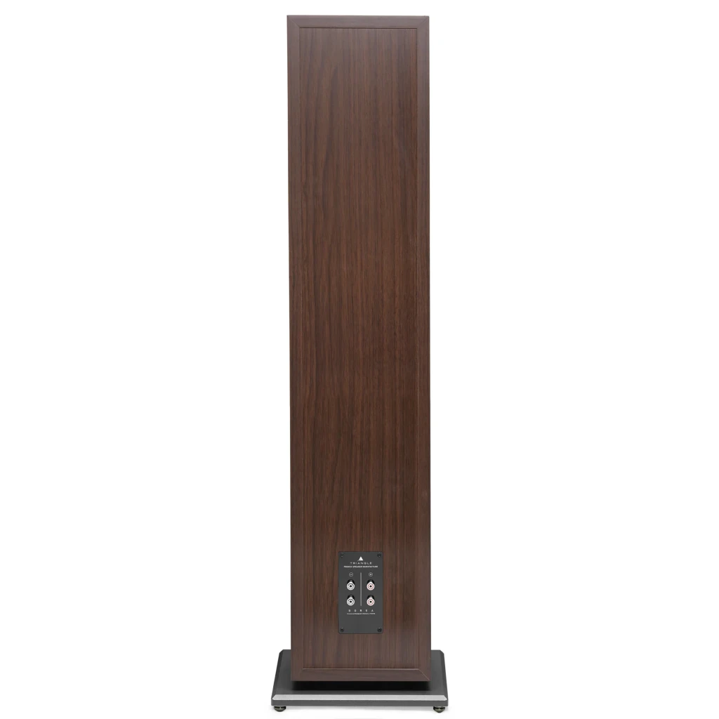 Triangle Borea BR10 madera cerezo, vista frontal en ángulo: tweeter, midrange y dos woofers en baffle gris - Ítem5