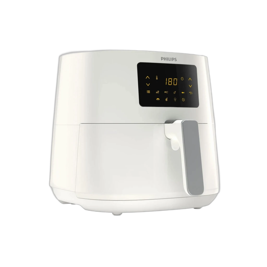 Fritadeira de ar Philips branca com painel digital touch, display LED âmbar, alça frontal cinza, corpo XL robusto e acabamento fosco elegante