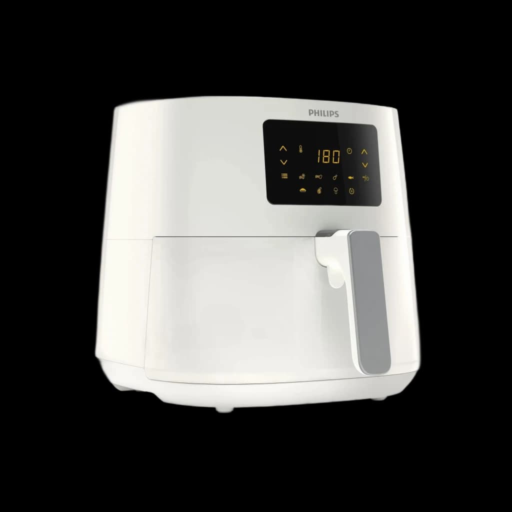 Freidora de aire Philips blanca con panel digital táctil iluminado, perilla frontal gris y cuerpo XL; pantalla muestra 180 °C y botones de 7 programas