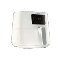 Freidora de aire Philips blanca con panel digital táctil iluminado, perilla frontal gris y cuerpo XL; pantalla muestra 180 °C y botones de 7 programas