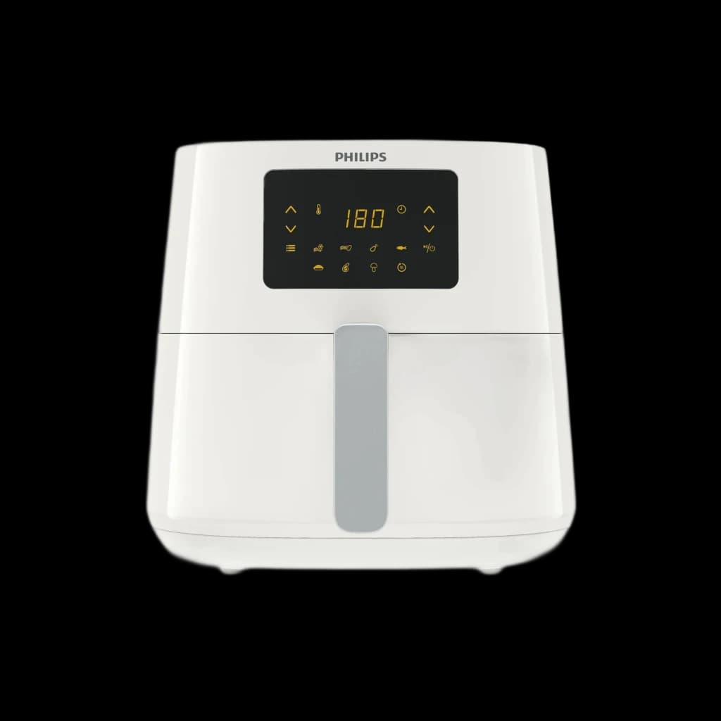 Freidora de aire Philips Airfryer 3000 Series XL blanca con panel digital frontal, pantalla LED ámbar, asa central gris y diseño compacto de gran capacidad