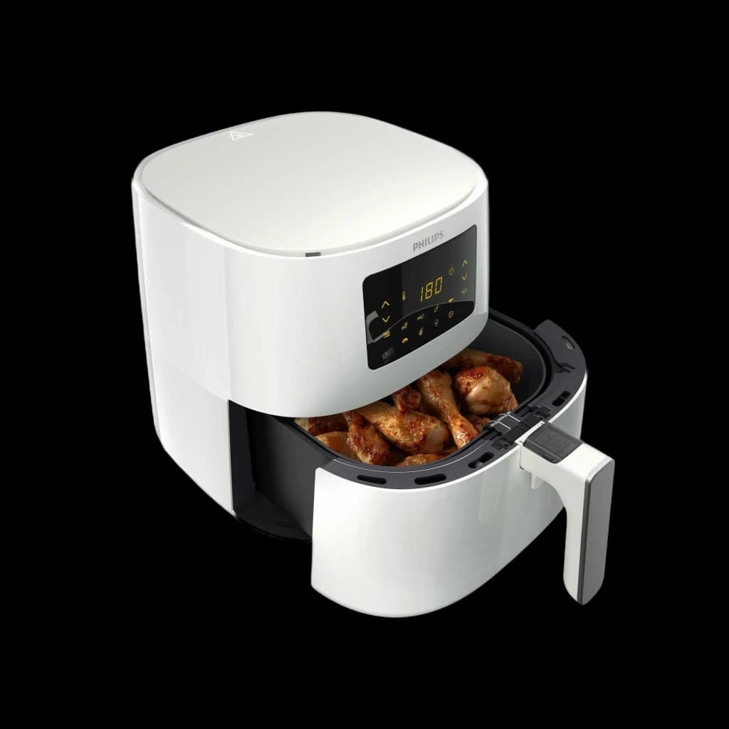 Freidora de aire Philips 3000 Series XL blanca con panel digital, pantalla LED 180°, cesta extraíble negra y asas, capacidad 6,2 L y acabado brillante