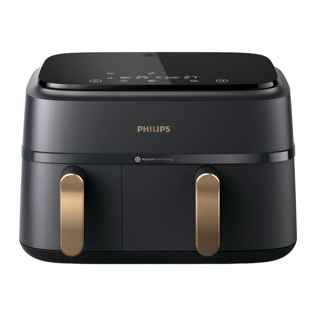 Philips Airfryer Dual Basket Série 3000 9L Noir, vue de face: panneau tactile supérieur et deux poignées dorées