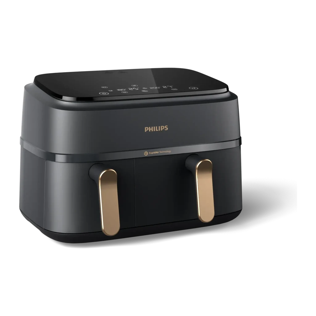 Philips Airfryer Dual Basket Série 3000 9L Noir, vue de face: panneau tactile supérieur et deux poignées dorées - Ítem1