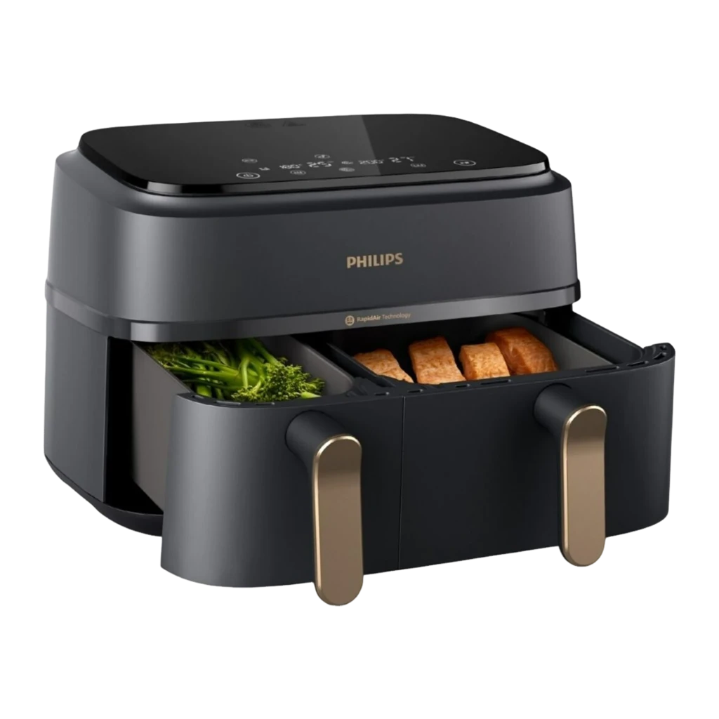 Philips Airfryer Dual Basket Série 3000 9L Noir, vue de face: panneau tactile supérieur et deux poignées dorées - Ítem2