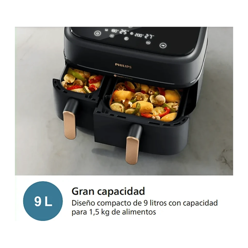 Philips Airfryer Dual Basket Série 3000 9L Noir, vue de face: panneau tactile supérieur et deux poignées dorées - Ítem3