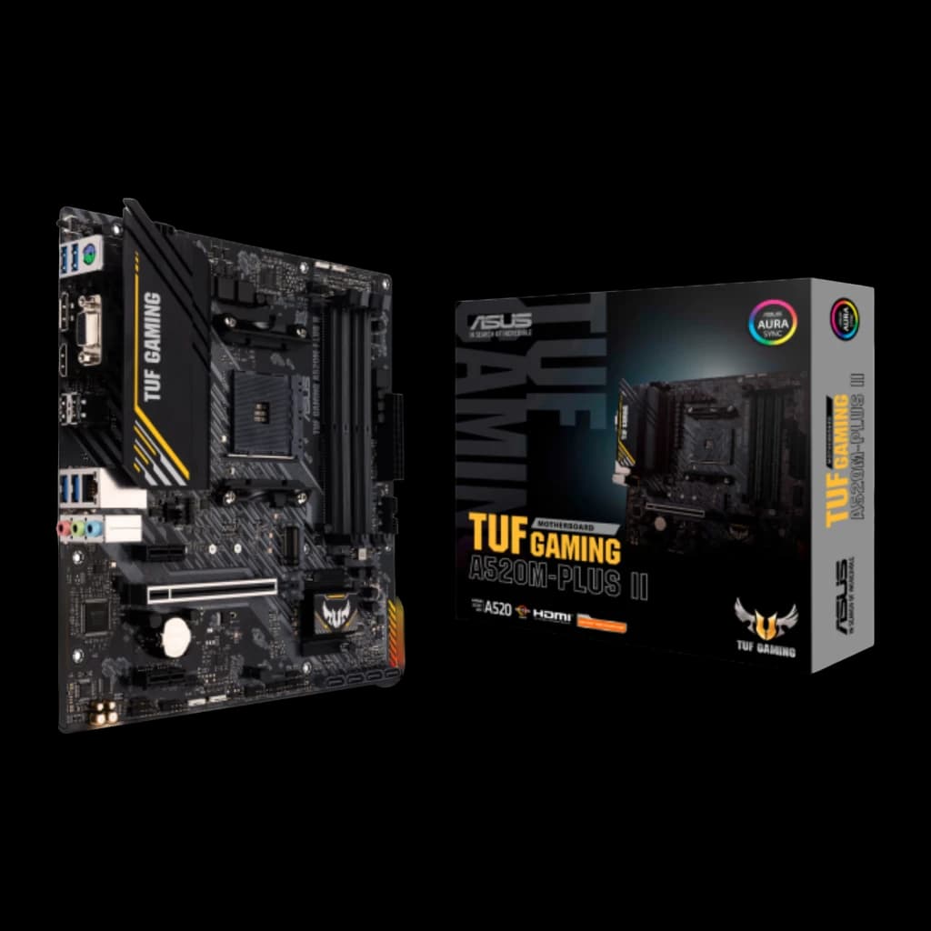 ASUS TUF Gaming A520M-Plus II, vista produto e caixa: placa-mãe mATX preta com detalhes dourados ao lado da caixa de venda