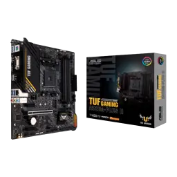 ASUS TUF Gaming A520M-Plus II, vista produto e caixa: placa-mãe mATX preta com detalhes dourados ao lado da caixa de venda
