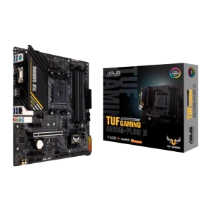 ASUS TUF Gaming A520M-Plus II, vista produto e caixa: placa-mãe mATX preta com detalhes dourados ao lado da caixa de venda