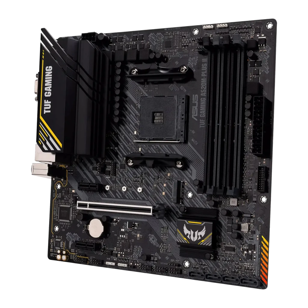 ASUS TUF Gaming A520M-Plus II, vista produto e caixa: placa-mãe mATX preta com detalhes dourados ao lado da caixa de venda - Item3