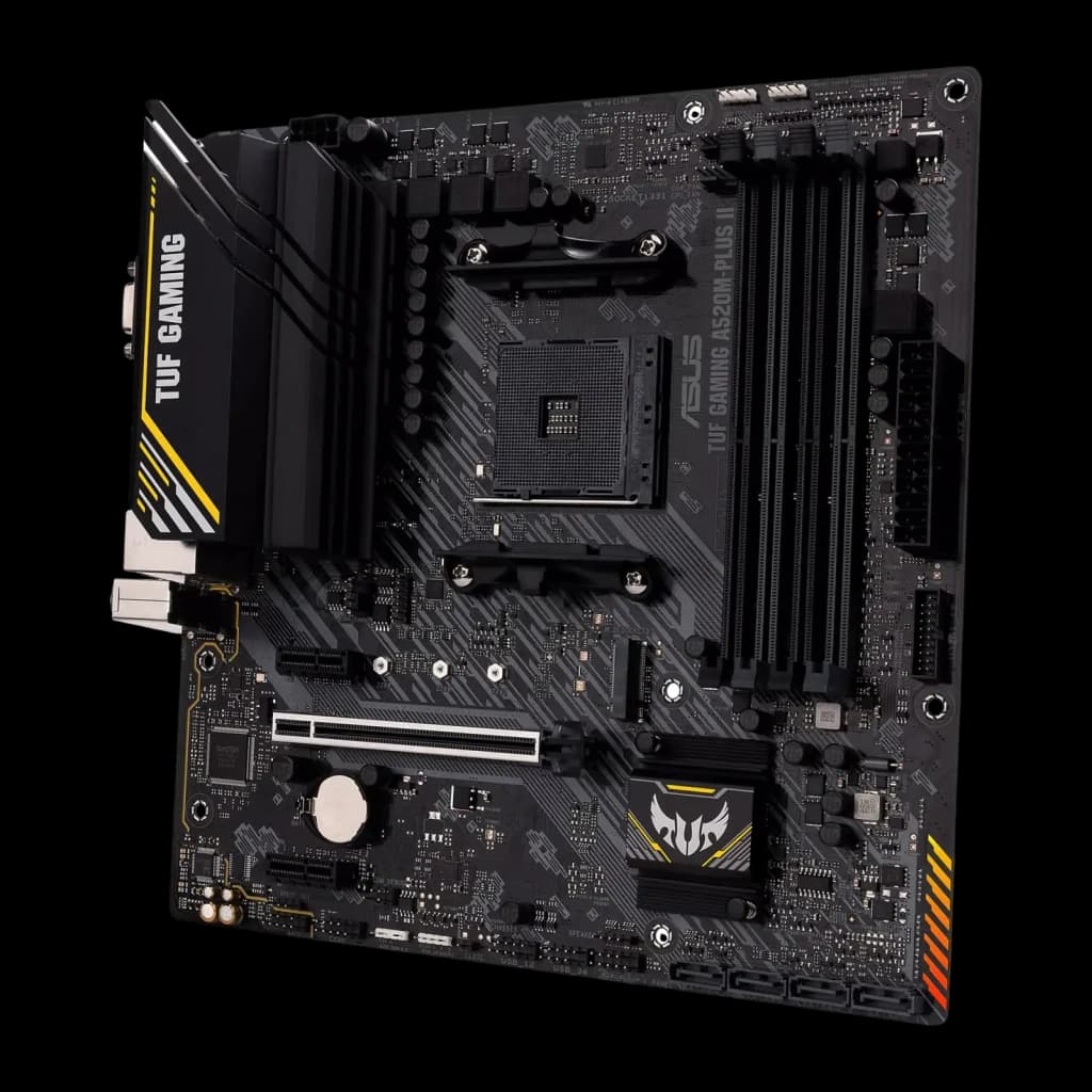 ASUS TUF Gaming A520M-Plus II, vista superior em ângulo: socket AM4, dissipadores VRM e conectores ATX visíveis