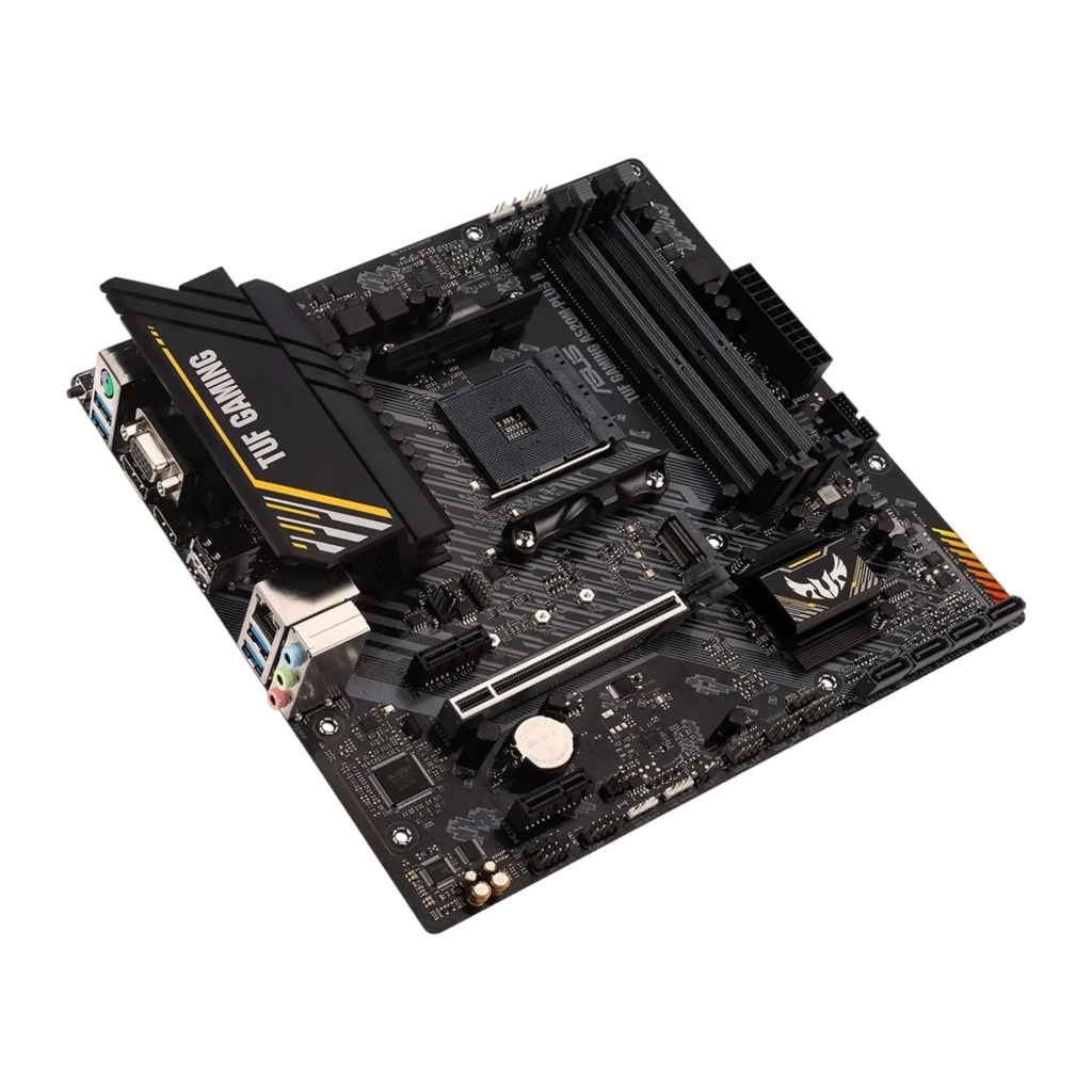 ASUS TUF Gaming A520M-Plus II, vista produto e caixa: placa-mãe mATX preta com detalhes dourados ao lado da caixa de venda - Item4
