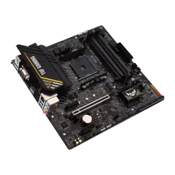 ASUS TUF Gaming A520M-Plus II, vista em ângulo oposto: logo TUF no PCH, portas de áudio e slot PCIe em destaque