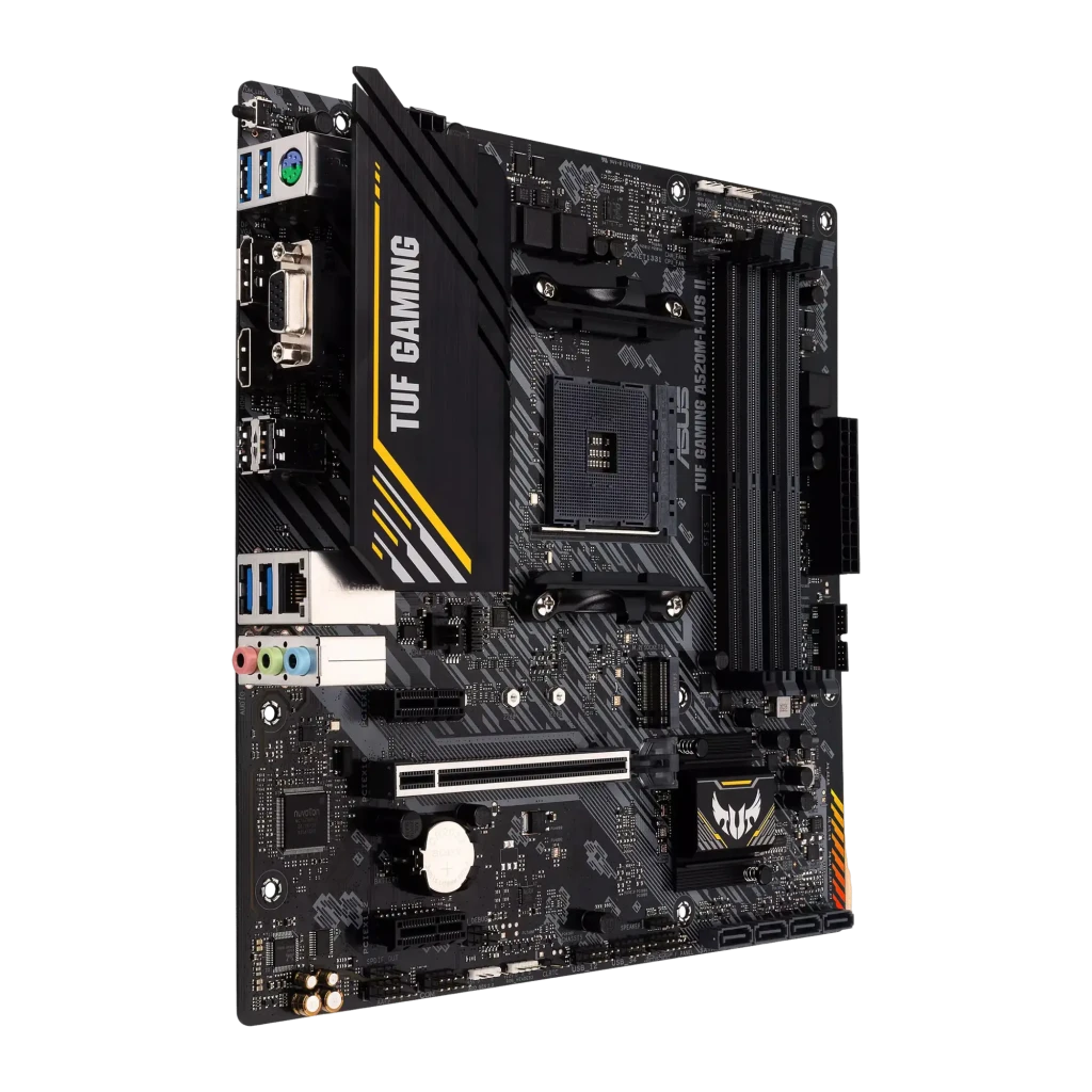 ASUS TUF Gaming A520M-Plus II, vista produto e caixa: placa-mãe mATX preta com detalhes dourados ao lado da caixa de venda - Item2