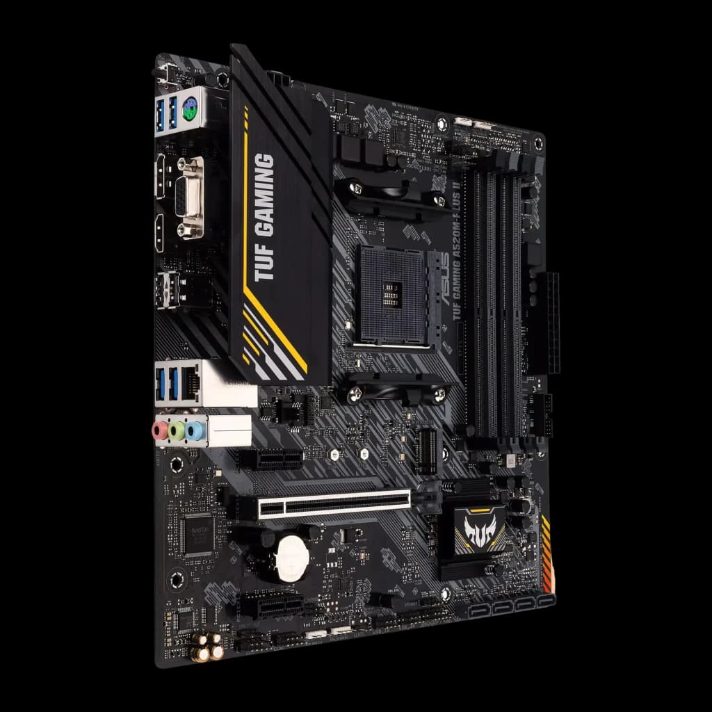 ASUS TUF Gaming A520M-Plus II, vista frontal em ângulo: painel I/O com portas USB, socket AM4 e slots DDR4