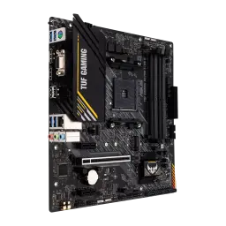ASUS TUF Gaming A520M-Plus II, vista frontal em ângulo: painel I/O com portas USB, socket AM4 e slots DDR4