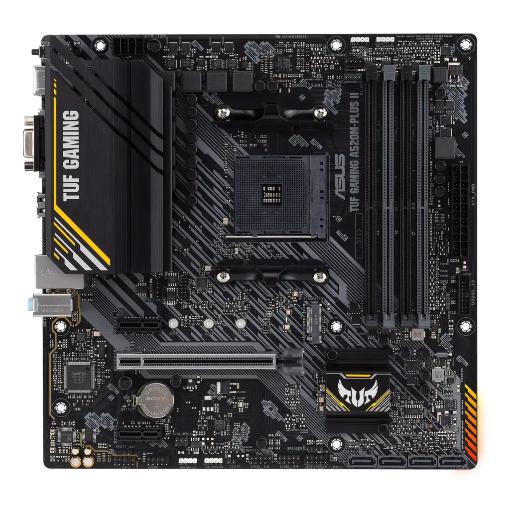 ASUS TUF Gaming A520M-Plus II, vista produto e caixa: placa-mãe mATX preta com detalhes dourados ao lado da caixa de venda - Item1