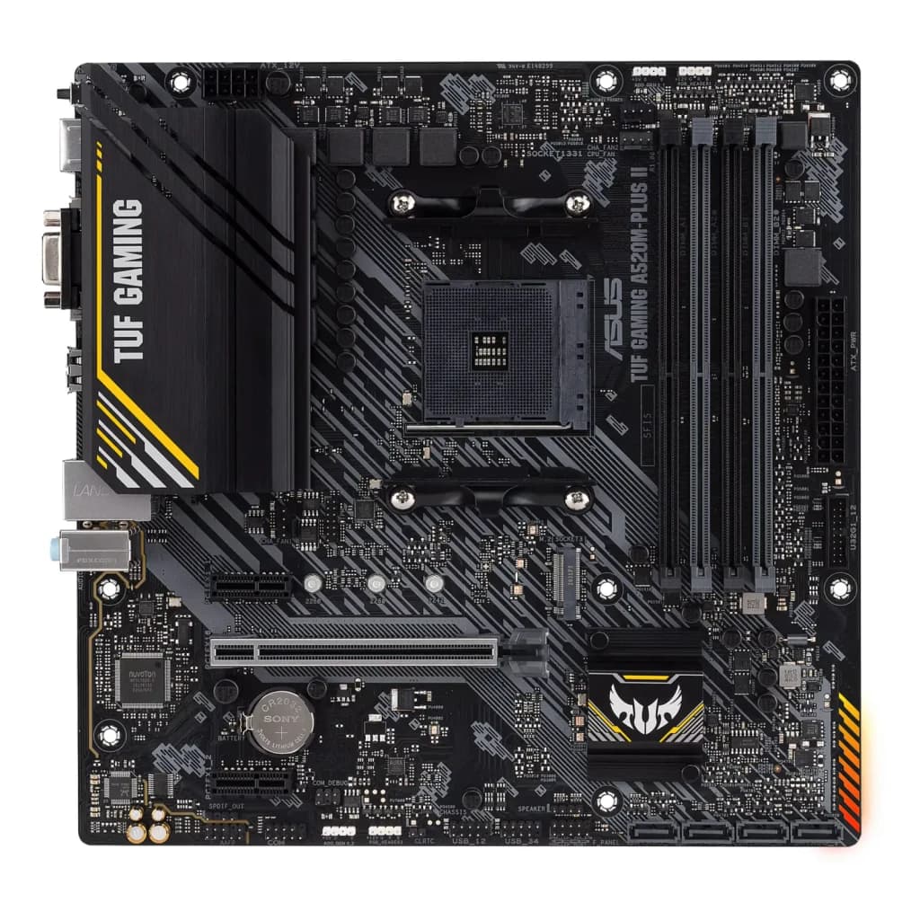 ASUS TUF Gaming A520M-Plus II, vista superior: socket AM4, slots DDR4, PCIe e dissipador preto com logo TUF