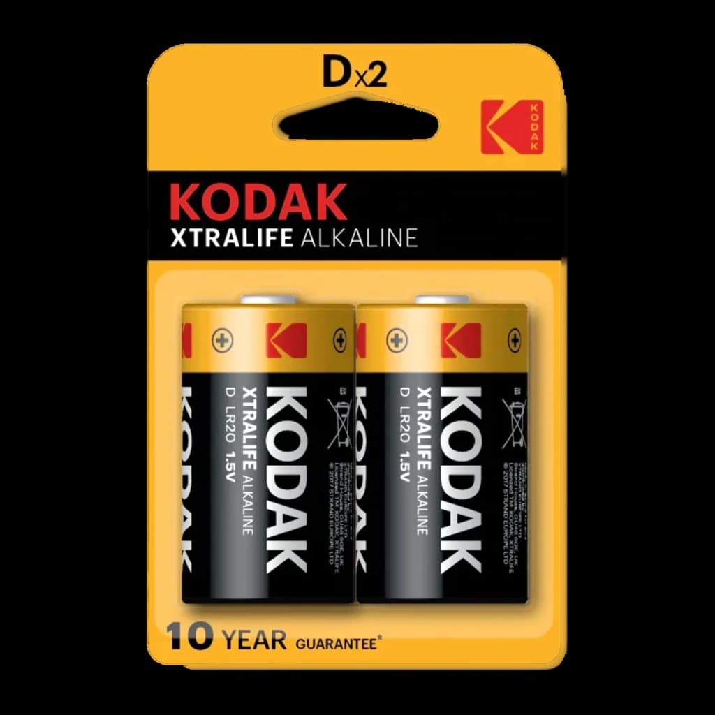 Kodak Xtralife Alkaline Pilhas D LR20 1,5V, vista frontal: blister 2 unidades preto e dourado, garantia 10 anos