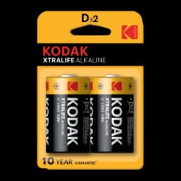 Kodak Xtralife Alkaline Pilhas D LR20 1,5V, vista frontal: blister 2 unidades preto e dourado, garantia 10 anos
