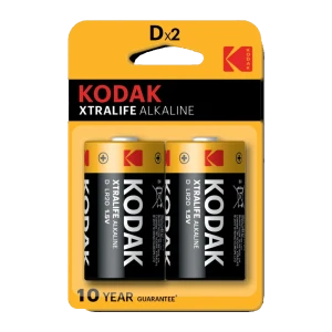 Kodak Xtralife Alkaline Pilas D LR20 1,5V, vista frontal: blíster 2 unidades negro y dorado, garantía 10 años